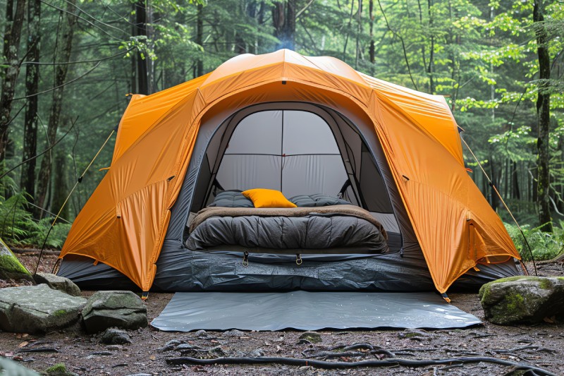 Camping hacks for a comfortable outdoor stay — spacious orange tent with cozy bedding set up in the forest.