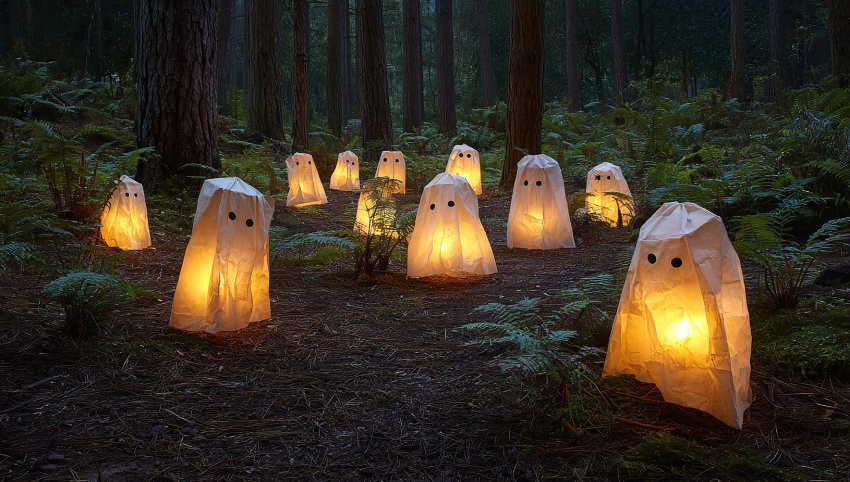 Spooky Paper Bag Ghost Lanterns in a Dark Ancient Forest at Night – Halloween Decoration Photography
