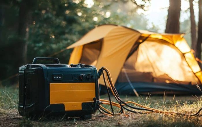 Rugged Gas Powered Generator with Extension Cord Near Camping Tent