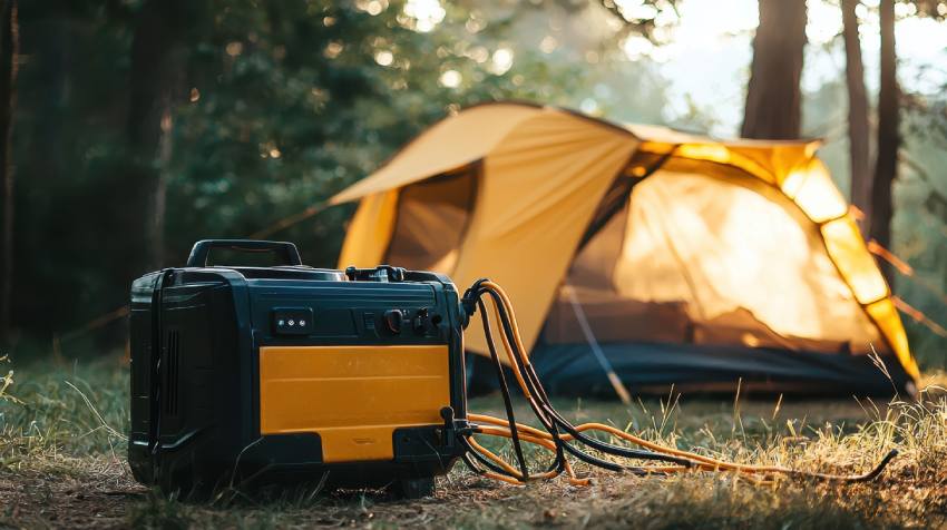 Rugged Gas Powered Generator with Extension Cord Near Camping Tent