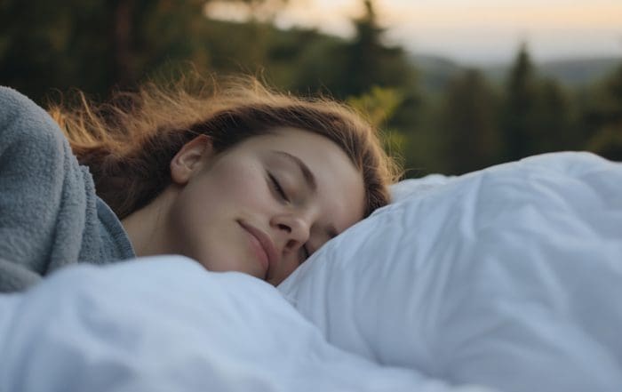 Peaceful moment of a young woman sleeping comfortably on soft bedding outdoors : Generative AI