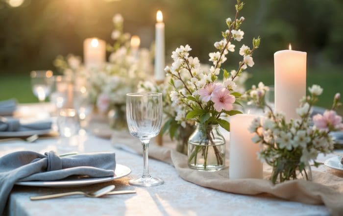Rustic elegant wedding reception table decor with flowers in bloom. Marriage holiday event outdoors in garden with candles. Beautiful dinning decoration. Sustainable spring luxury marriage green
